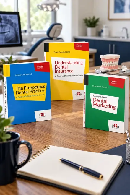 06_Dental_Practice_Education.webp — Dental business books about practice success, insurance and marketing on a desk. 06_Dental_Practice_Education.webp — Dental business books about practice success, insurance and marketing on a desk.