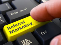 Referral Marketing Concept. Person Click on Yellow Keyboard Button. Selective Focus. Closeup View.-1