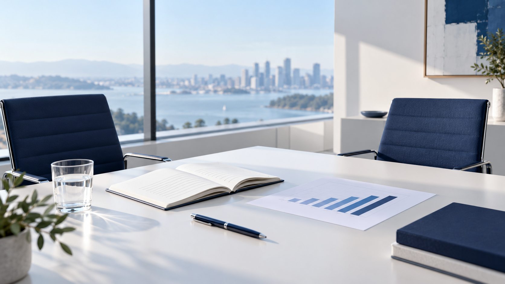 A quiet strategy meeting room with a business plan and chart on the table.