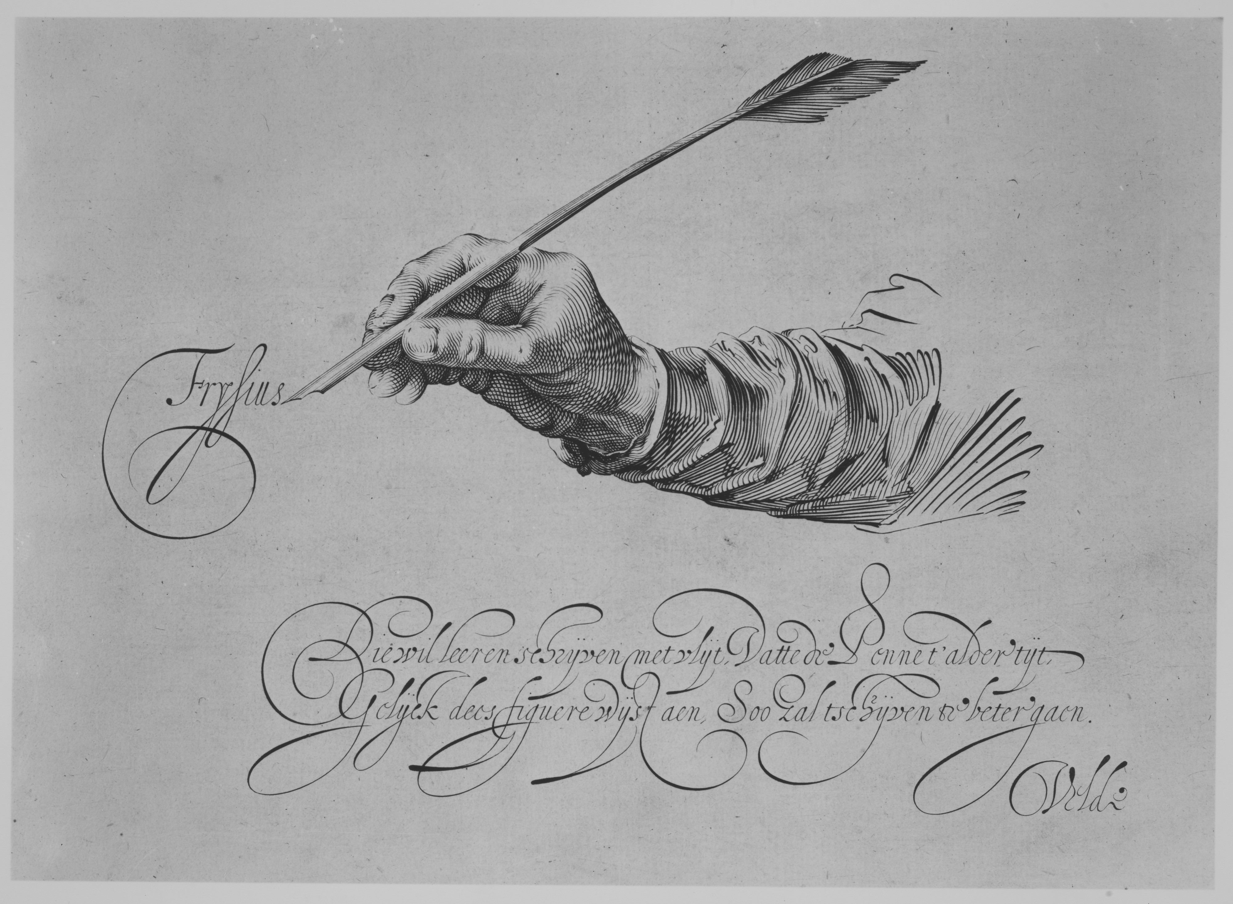 a hand and arm with quill pen doing fanciful cursive writing - Copy is an art