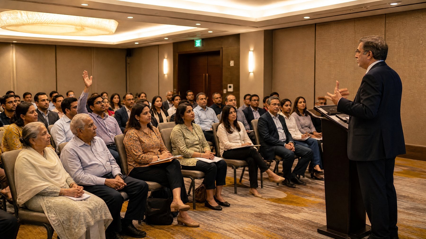 A sponsor speaking at a curated client education event for Indian American families