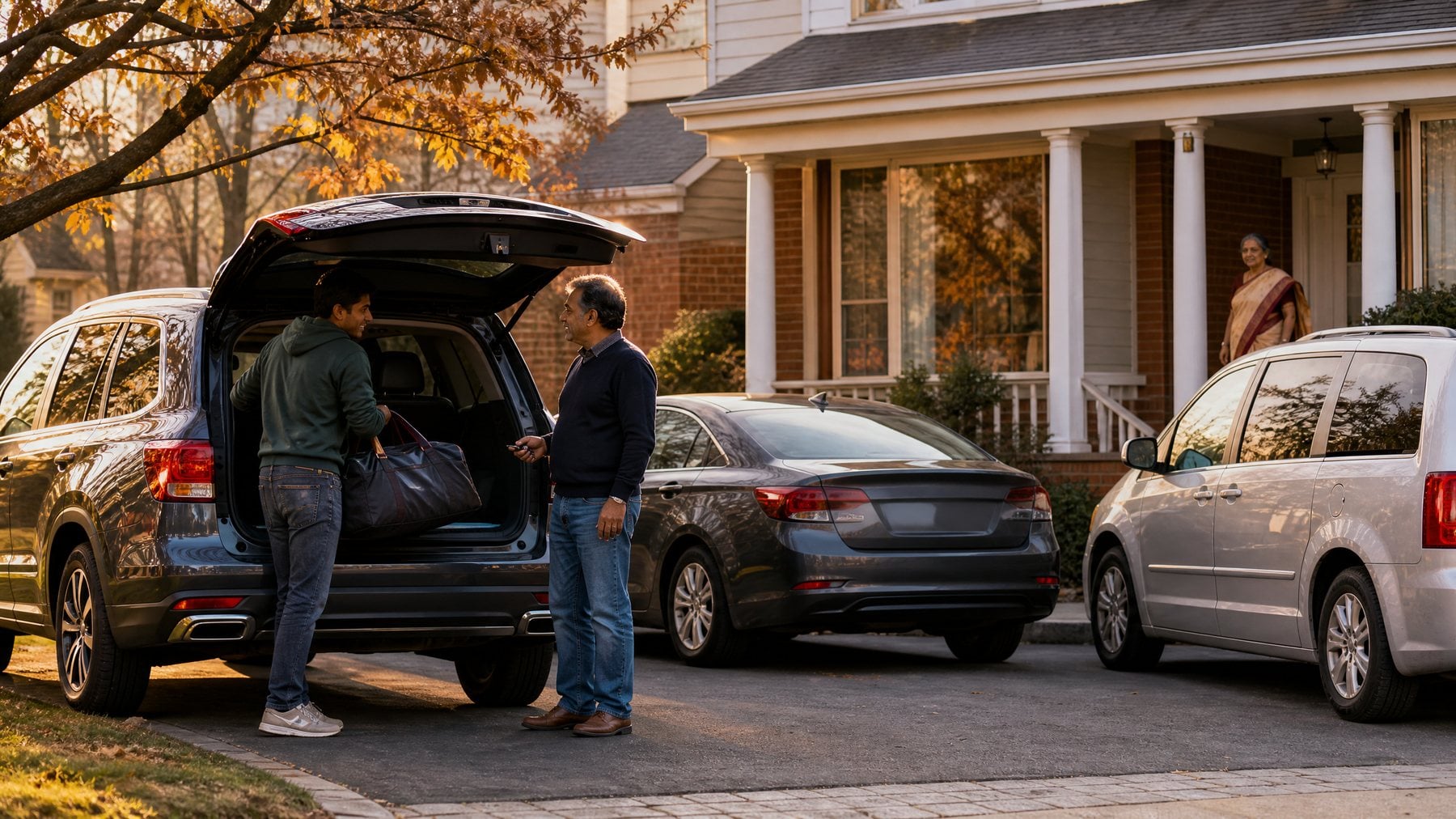 Three vehicles in the driveway of an Indian American family home