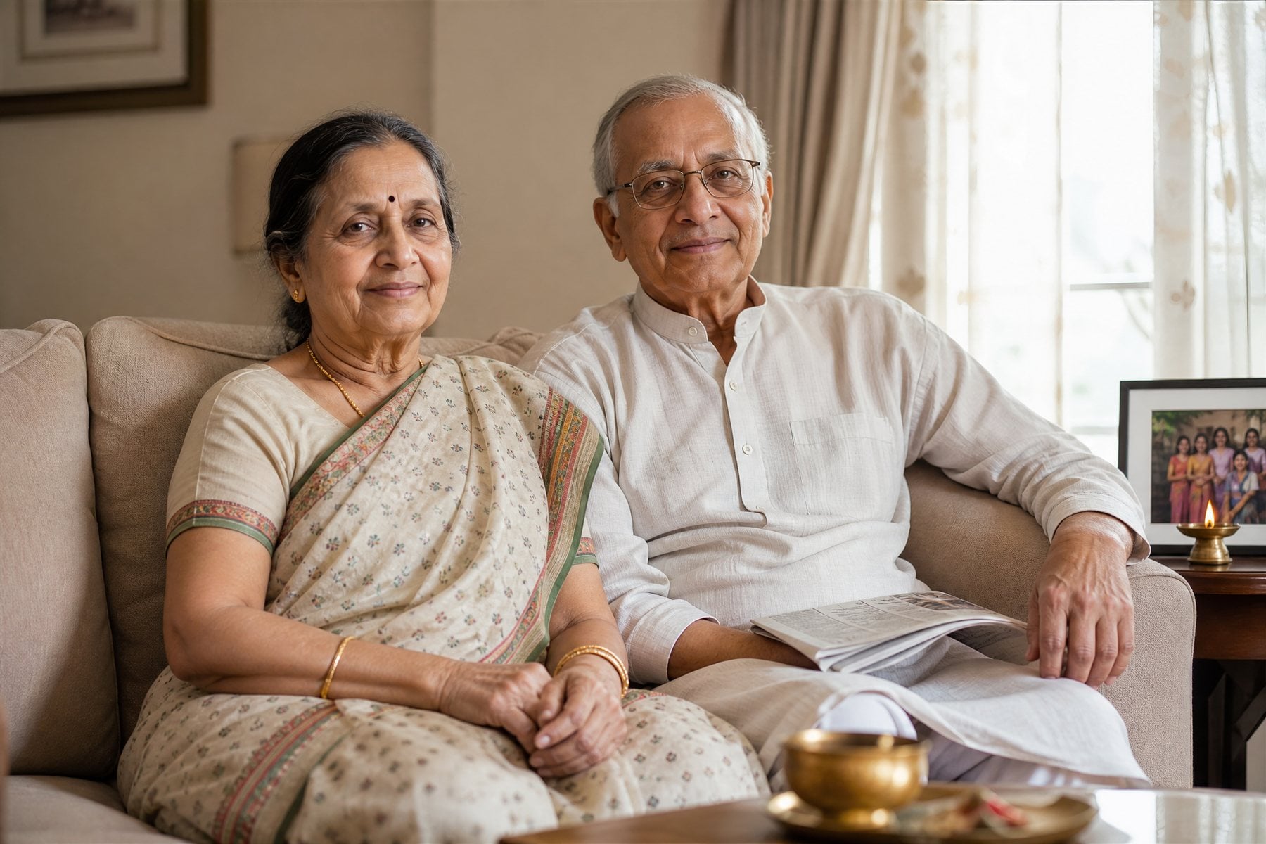 Elderly Indian parents in the living room of their adult children's home