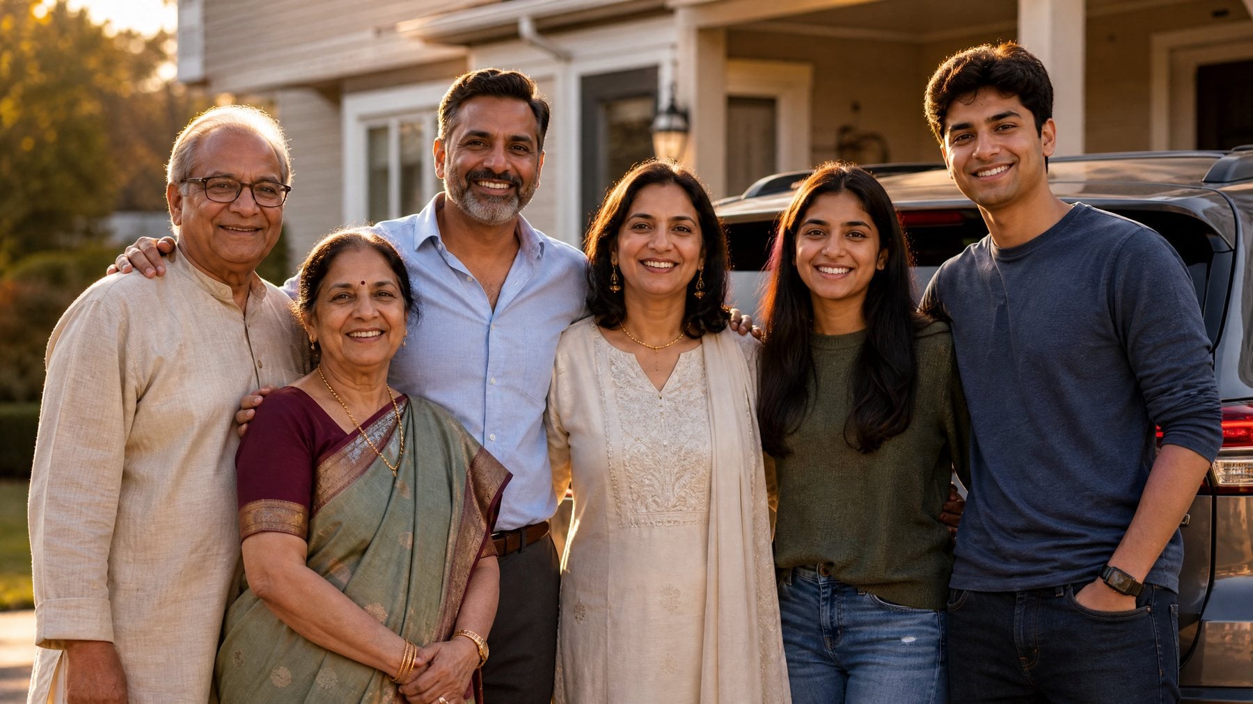 A multi-generational Indian American family outside their suburban home