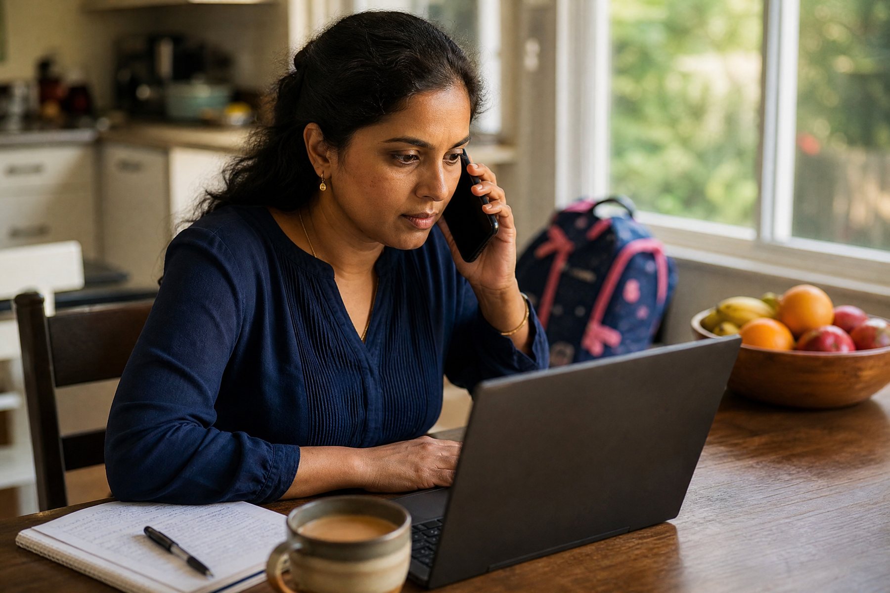 An Indian American mother researching a purchase decision at her kitchen table