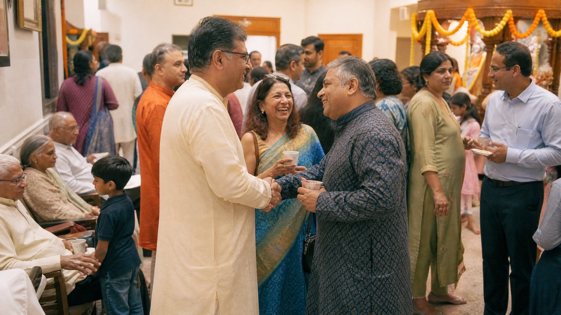 Indian American families gathering after a temple service